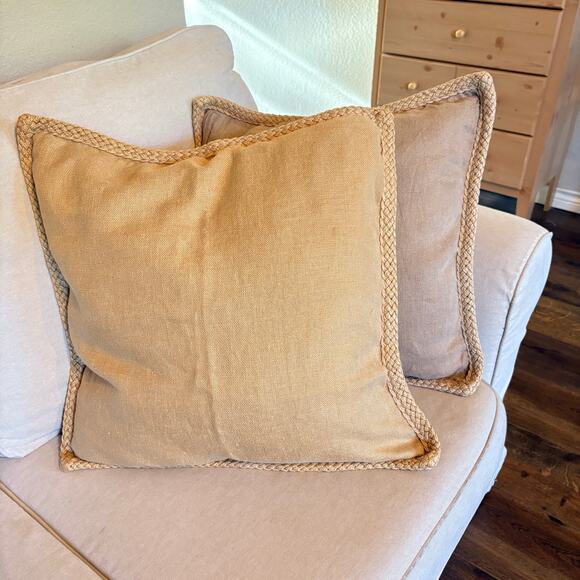 POTTERY BARN 2 Jute Braid Linen Neutral 20" Pillow Cover Coastal Minimalist Boho - Picture 1 of 15